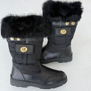 Coach Kimberly Fur Boots Women's 9M Black Leather Fabric Logo Pocket Side Zipper